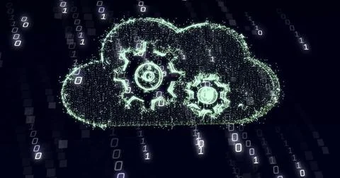 Glowing digital cloud icon streaming binary digits in dark abstract space, with Illustrazione stock