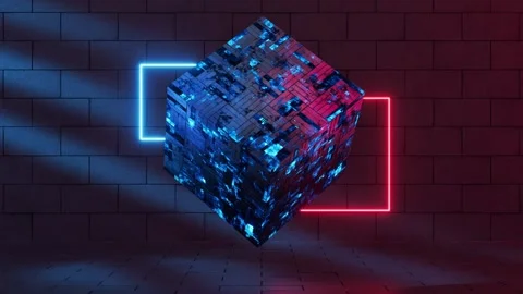 Glowing digital cube floats in dark room with neon lights motion Stock Footage 327345254