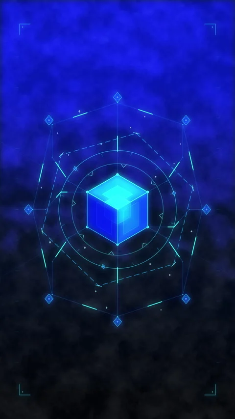 Glowing digital cube with neon grid, tech interface, HUD element, future da.. Stock Footage 348340007