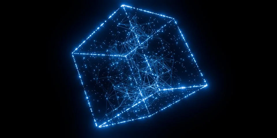 Glowing Digital Cube with Network Nodes on Black Background Illustrazione stock