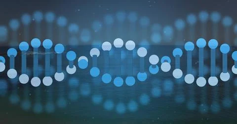 Glowing digital DNA helix pattern floating on teal water surface, with ambient Stock Photos