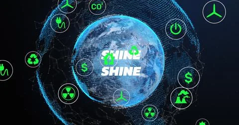 Glowing digital Earth globe floating in dark space, featuring bold SHINE text Stock Photos