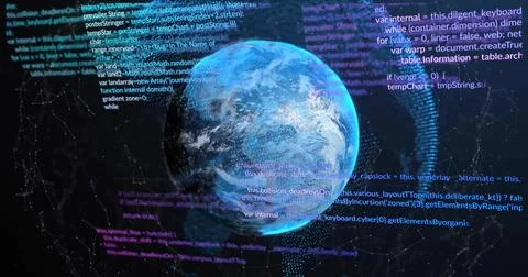Glowing digital Earth globe rotating in cyberspace, showing floating code Stockillustratie