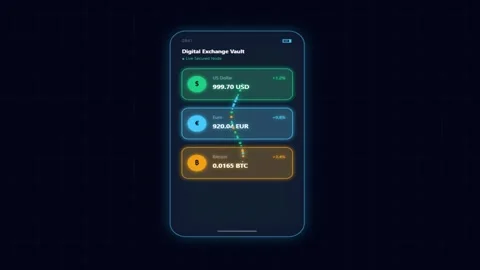 Glowing digital exchange vault mobile phone interface UI with currency bala.. Stock Footage 344709882