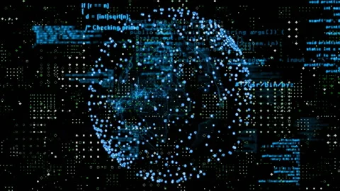 Glowing digital globe emerging from void, streaming code fragments sliding to Stock Footage 309873190