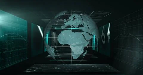 A glowing digital globe floating in dark data center Stock Photos