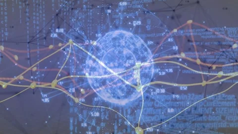 Glowing digital globe floating inside mesh network interface, streaming data Stock Footage 326191055