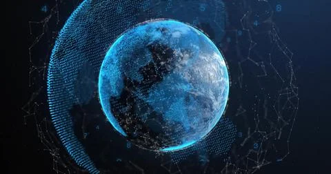 Glowing digital globe floating in virtual data visualization space, showing mesh イラスト素材