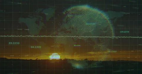 Glowing digital globe hovering above sunset horizon, overlaying grid and map Ilustração Stock