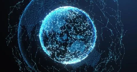 Glowing digital globe with interconnected nodes and lines, network connections Stock Photos