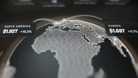 Glowing digital globe labels North America at 1.92 trillion dollars Stock Footage 343353937