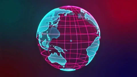 Glowing digital globe with neon lines and dots on dark background 動画素材 338189490