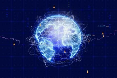 Glowing digital globe with network orbits and analytics grid connected glob.. Stock Illustration