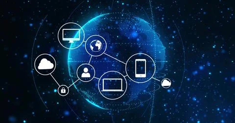 Glowing digital globe rotating, linking white icons like laptop cloud padlock on Ilustración de archivo