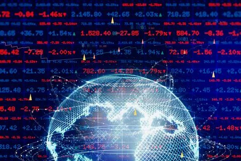 Glowing digital globe surrounded by red and blue stock market figures, percen Stock Photos