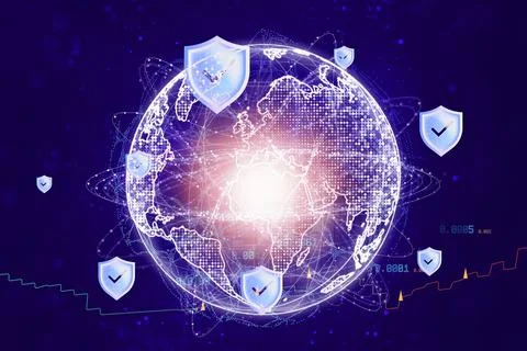 Glowing digital globe surrounded by shield icons and connected data lines f.. Stock Illustration