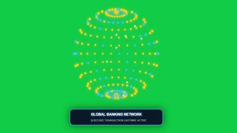 Glowing digital globe wireframe sphere with connected nodes and secure bank.. Stock Footage 343507506