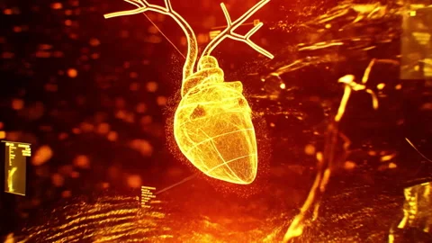Glowing digital heart surrounded by flowing data panels, bright particle Stock Footage 338441507
