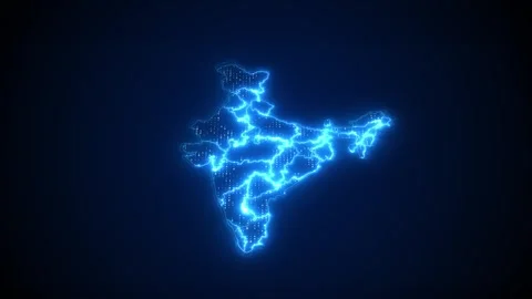 Glowing digital India map with blue state outlines, binary dots, and dark Stock Footage 333978095