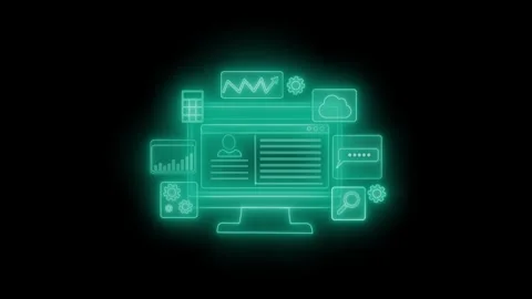 Glowing digital interface with icons animation on a black background Stock Footage 320731241