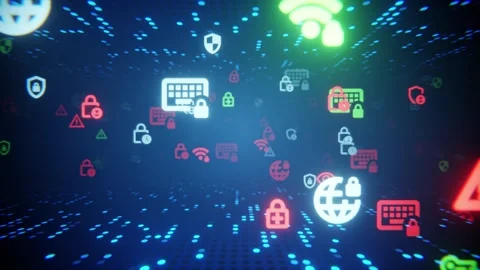 Glowing digital internet security icons flowing in a futuristic technology data Stock Footage 347386751
