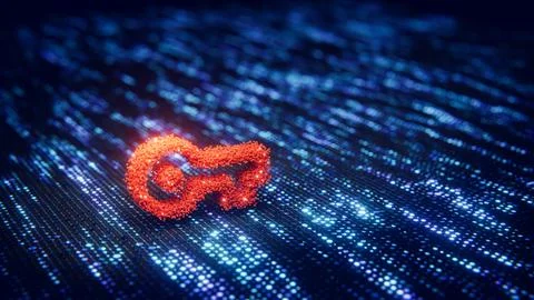 Glowing digital key on blue cybersecurity data surface background. Stock Illustration