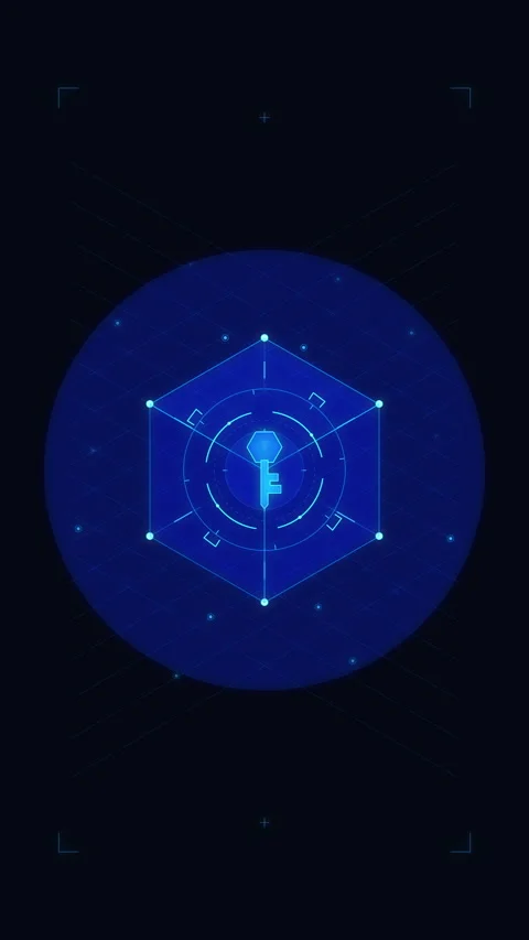 Glowing digital key inside hexagon frame, cybersecurity data Stock Footage 348339973