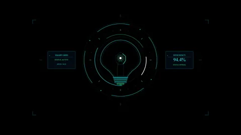 Glowing digital lightbulb icon with scanning hud interface, motion graphic .. Stock Footage 348339877
