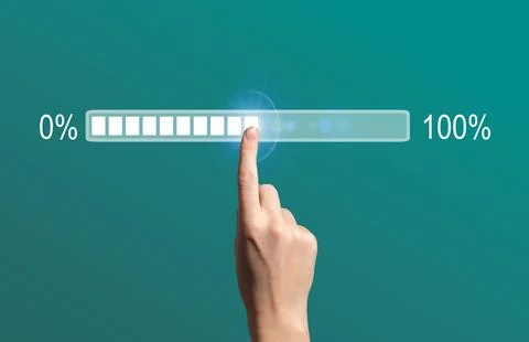A glowing digital loading bar reaching 100 percent symbolizes completion, Stock Photos