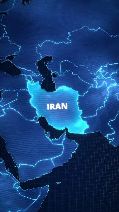 Glowing digital map highlighting Iran for vertical mobile educational videos. Stock Footage 340139448