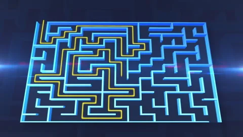 Glowing Digital Maze Solved by Yellow Path - 3D Animation Video stock 347823569