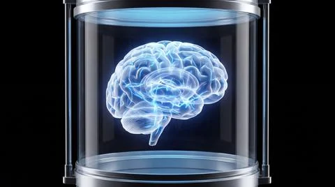 Glowing digital model of human brain inside glass cylindrical container. Stock Illustration