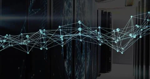 Glowing digital network floating through data center aisle with server racks Stock Illustration