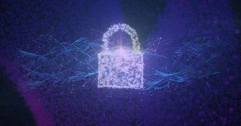 Glowing digital padlock floating in deep purple cyberspace, showing cyan Stock Photos
