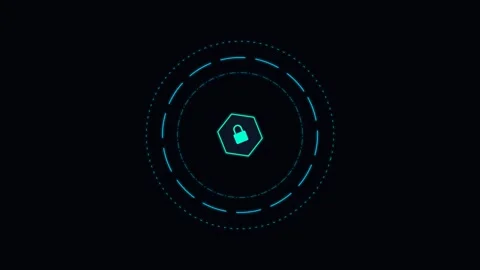 A glowing digital padlock icon centered within concentric circular rings Stockbeeldmateriaal 338310519