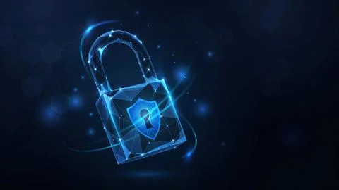 Glowing digital padlock icon with shield symbol representing cybersecurity .. Stock Illustration