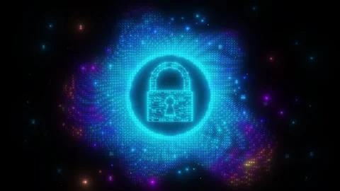 Glowing Digital Padlock Pulsating in a Vibrant Neon Cyber Security Data Cloud 库存影片 331532230
