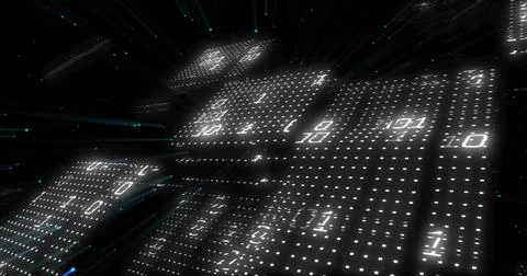 Glowing digital panels hovering in cyberspace, with binary dot-matrix digits and 스톡 일러스트