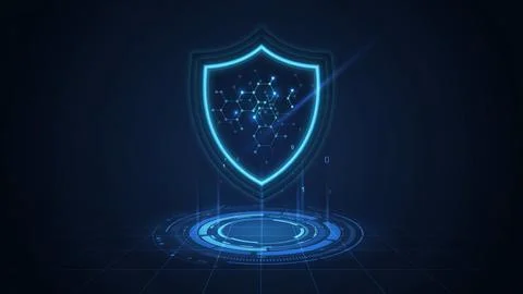 Glowing digital security shield icon with futuristic network data nodes on .. 스톡 일러스트