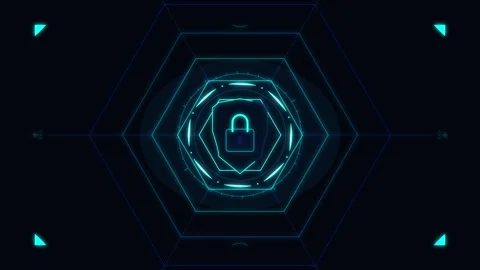 Glowing digital security shield with lock icon, cyber tunnel motion graphic Stock Footage 348340152