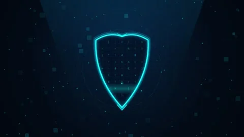 Glowing digital shield icon representing cybersecurity and network data Stock Footage 345711476