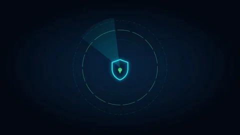 Glowing digital shield icon surrounded by a futuristic scanning radar interfa 스톡 동영상 338310817