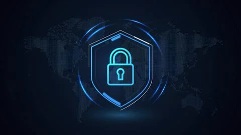Glowing digital shield with a padlock icon on a dark blue background repres.. Stock Illustration