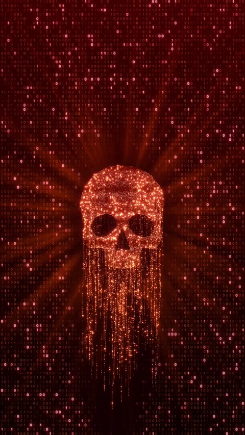 Glowing Digital Skull Cyber Attack Data Breach Luminous particle skull over bina Stock Footage 341900881