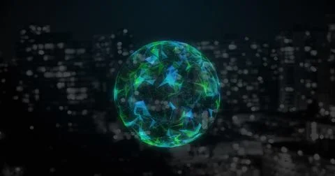 Glowing digital sphere with geometric patterns floating over cityscape at night Ilustração Stock