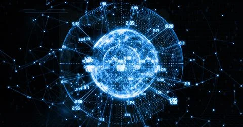 Glowing digital sphere with interconnected lines and numbers in futuristic Stock Photos