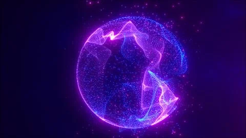 A glowing digital sphere made of neon pink and blue particles Stock Illustration