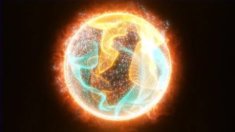 Glowing digital sphere with orange and blue light particles, radiating ener.. Illustrazione stock