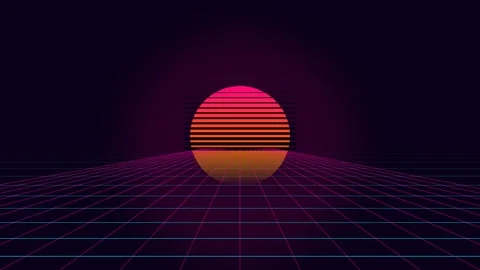 A glowing digital sun rising over a dark synthwave grid landscape at night Stock Footage 338311309