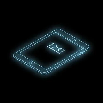 Glowing digital tablet showing 12,41 am or pm on black background Illustrazione stock